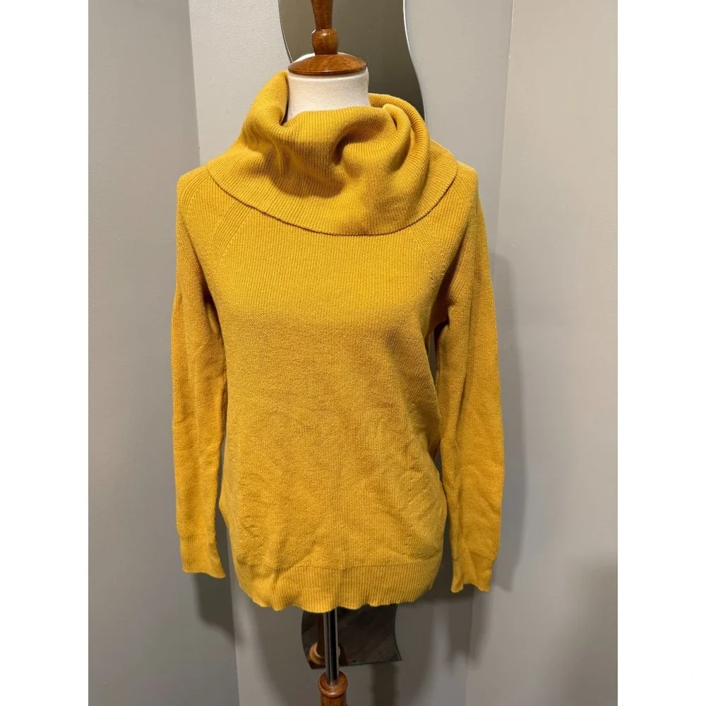 Banana Republic Cowl Neck Sweater Women Medium Mustard Yellow Cotton Knit HOL17
